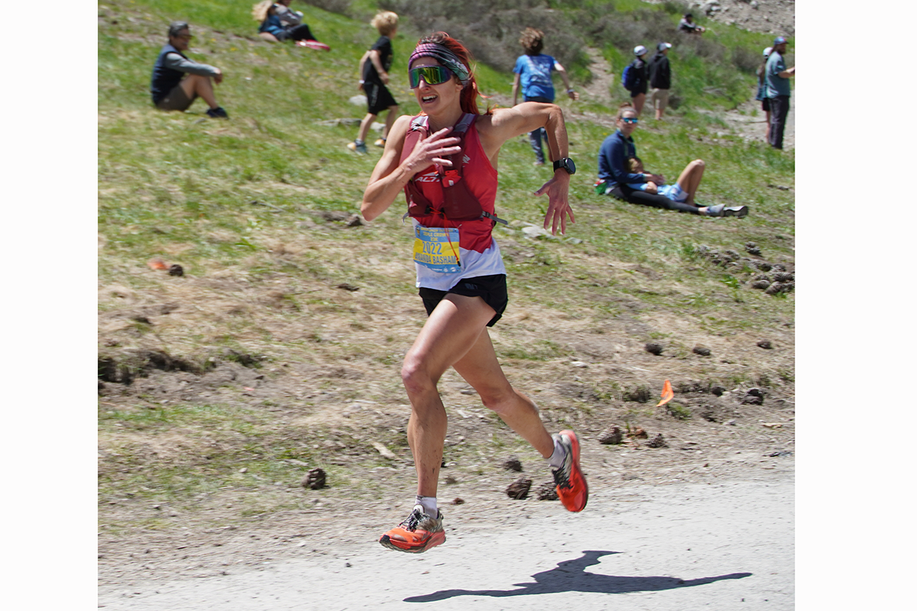 Amanda Basham sprints to the finish of the Broken Arrow Skyrace 46K in 2023, on her way to a second-place finish in the event's three-race Triple Crown category.