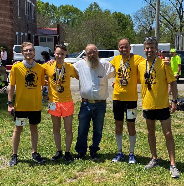 Post-run fun at the Strolling Jim with Laz, Harvey, and runners.