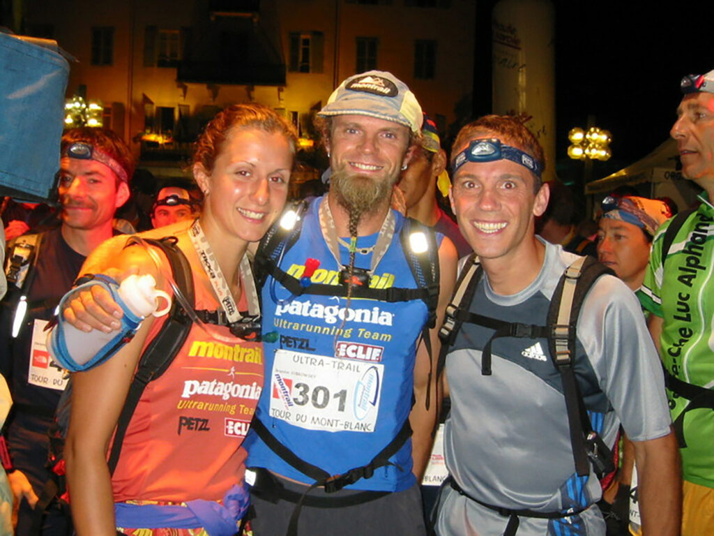 From left: Krissy Moehl, Brandon Sybrowsky, and Topher Gaylord at the start of the first UTMB