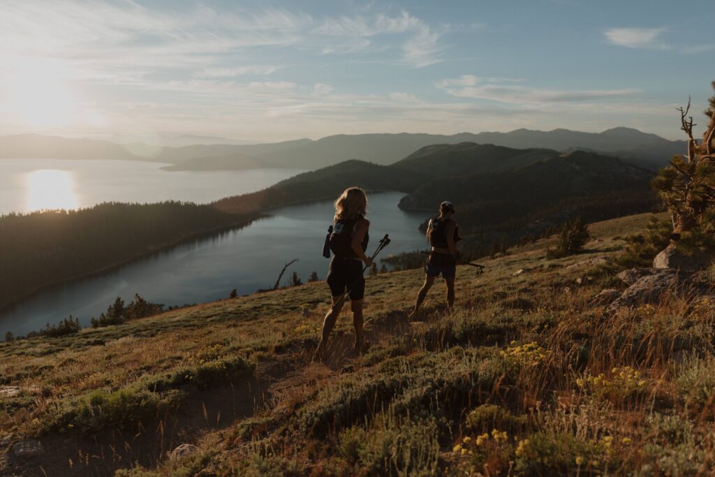 Jess Greene and Sam Bosworth catch the expansive views of Lake Tahoe and Marlette Lake at sunset.