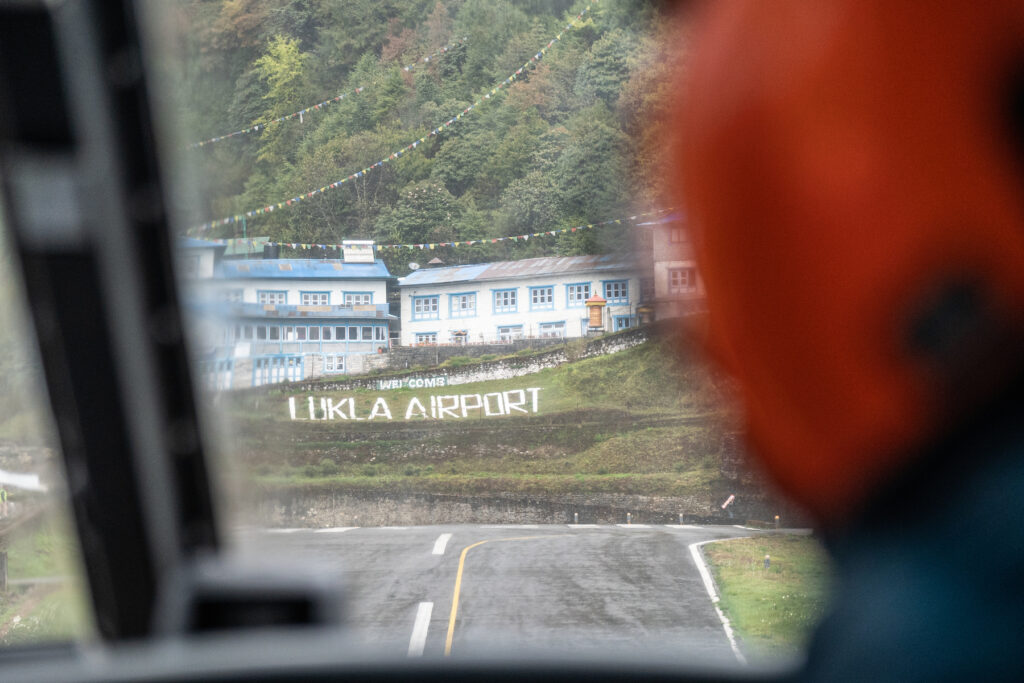 The view from a helicopter as it arrives to the Lukla airport, Nepal