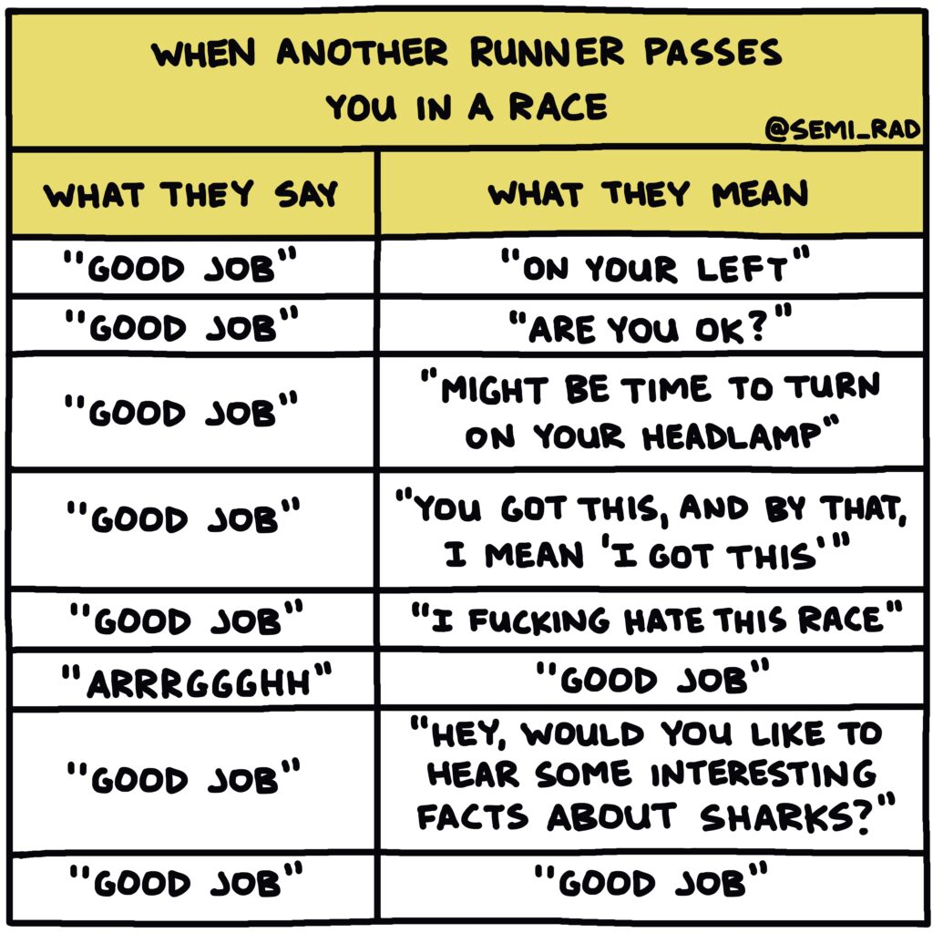 When Another Runner Passes You in a Race 1 A two column table titled "When another runner passes you in a race." The left hand column is headed "What they say" and the right hand column is headed "what they mean." The left column says "Good Job," the right column says "on your left." Next row, left column says "Good Job" and right column says "Are you ok?" Next row, left column says "Good Job" and right column says "might be time to turn on your headlamp." Next row, left column says "Good job" and right column says "You got this, and by that I mean 'I got this.'" Next row, left column says "good job" and right column says "I fucking hate this race." Next row, left column says "arrrggghh" and right column says "good job." Next row, left column says "good job" and right column says "hey would you like to hear some interesting facts about sharks?" Last row, left column says "good job" and right column says "good job."