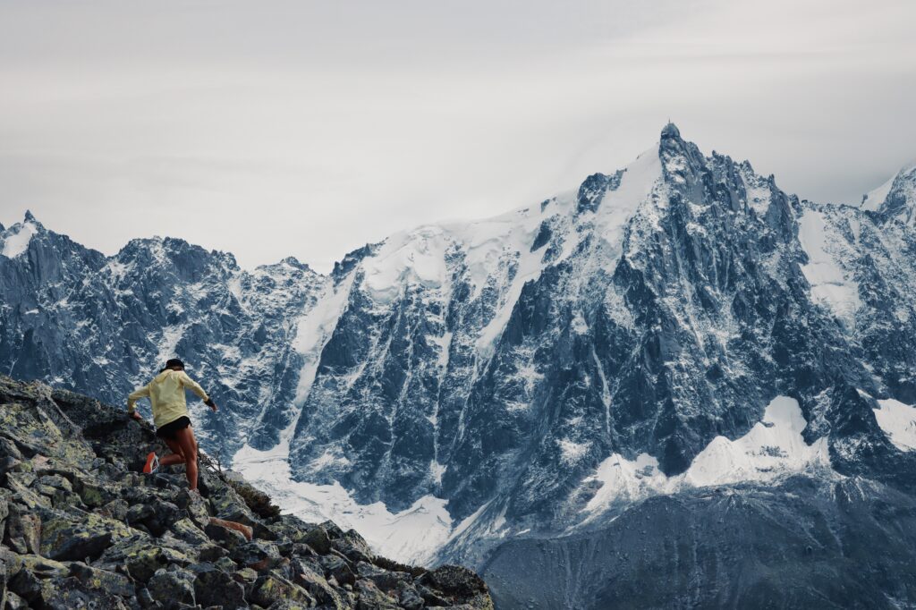 Sally McRae (The Yellow Runner) high above Chamonix at Le Brévent