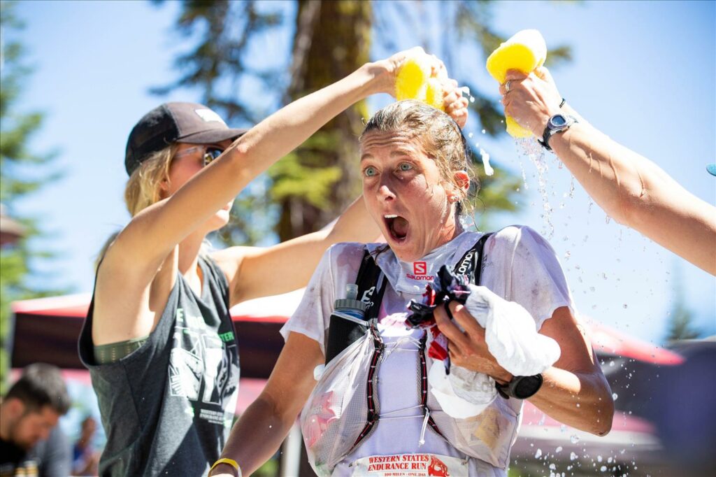 Courtney Dauwalter getting a nice cold sponge bath at Western States