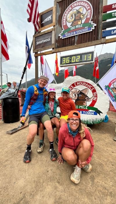 📸 Coach Darcie celebrating at the finish line of Hardrock 100 Endurance Run with her athlete.