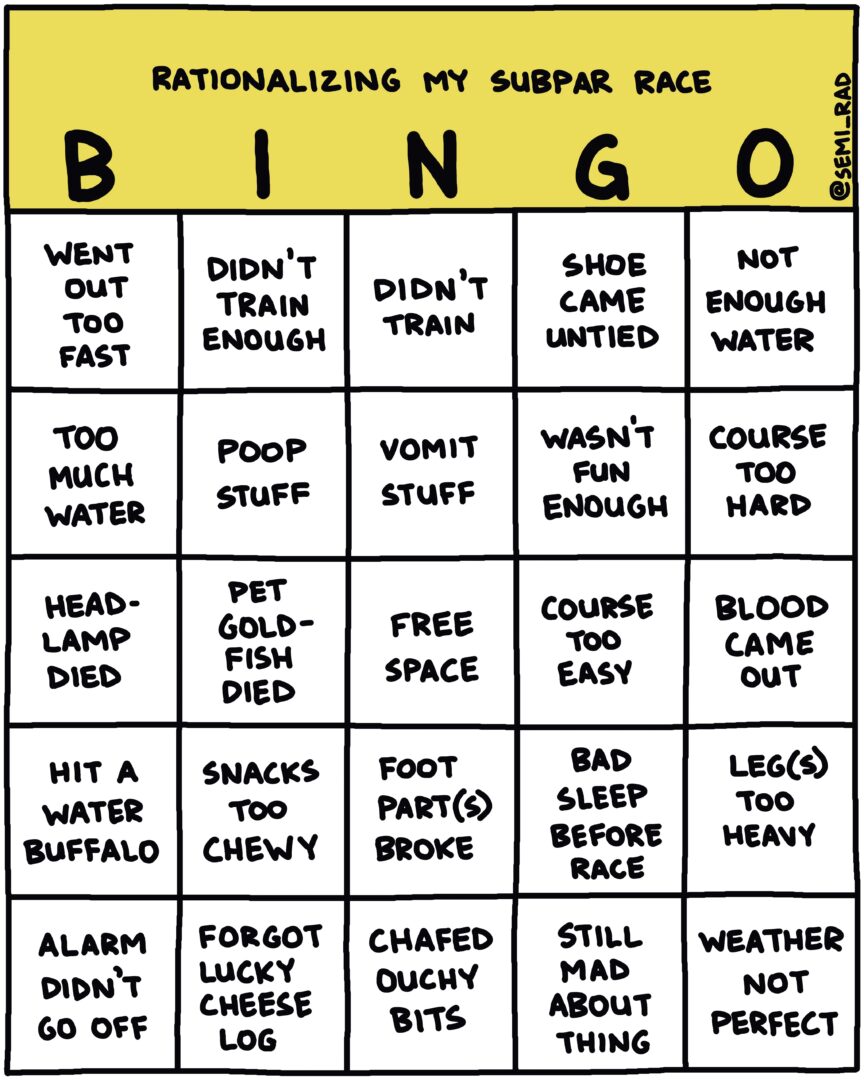 What's on your post-race bingo card as you try to explain what happened? 1 SemiRad.Rationalizing My Subpar Race Bingo 1