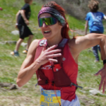 Elite trail runner Amanda Basham in mid stride